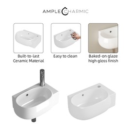 AmpleCharmic Wall Mount Bathroom Vessel Sink, 16.5’’ Floating Ceramic Basin for Small Bathroom with Faucet/Pop-up Darin/P-trap/Overflow, One-stop Shopping Modern Sink, Right Hand, White
