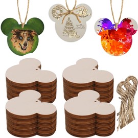 Mouse Head 30 Pcs Unfinished Wooden Gift Ornaments, DIY Craft Birthday Present-Paintable Blank Natural Mouse Head with Hemp Rope for Kids Art Crafts DIY Gift Party Supplies