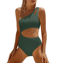 Yonique Cutout One Piece Swimsuit Women - One Shoulder Bathing Suit Ribbed Swimwear 2025 Monokini Army Green M