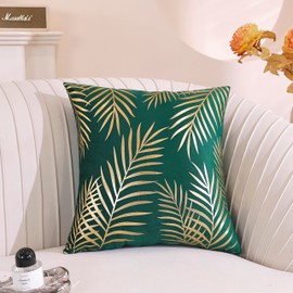 TAOSON Pack of 2,Gold Pillow Covers Velvet Cozy Soft Gold Stamping Leaves Decorative Cozy Soft Throw Pillow Cases Cushion Covers Shells for Sofa Couch Bed Home Decoration 18 x 18 Inches Dark Green