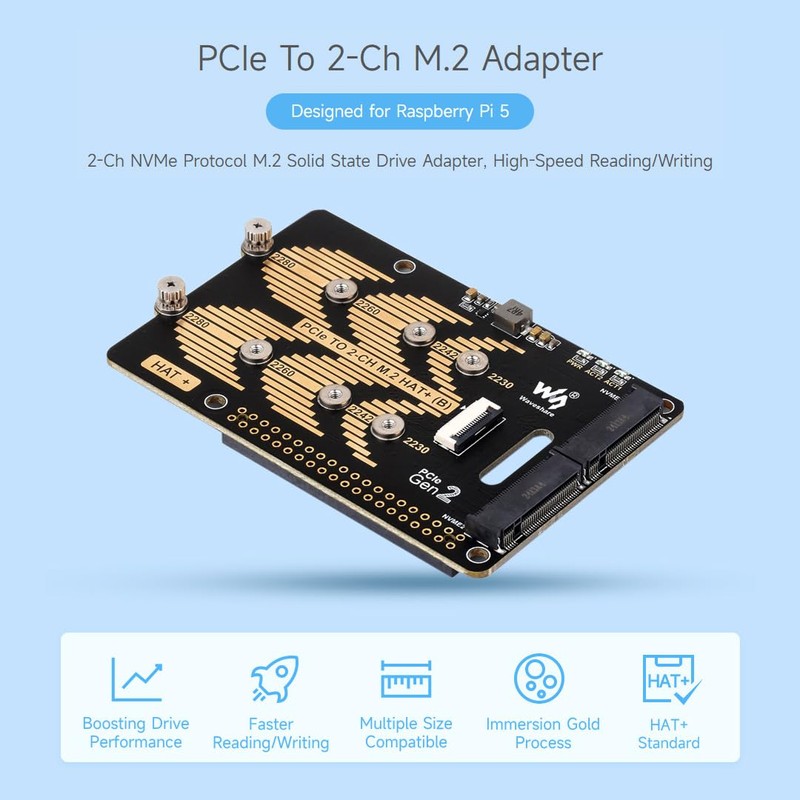 Waveshare PCIe to 2-CH M.2 HAT, Compatible with Raspberry Pi