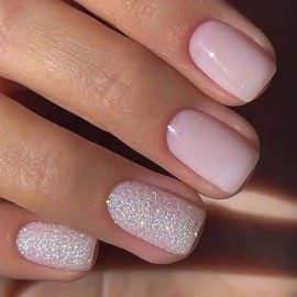 ANDGING Pink Press on Nails Short Square Nude Fake Nails with Glitter Design Glue on Nails for Women Girls Acrylic False Nails Stick on Nails Full Cover Manicure Art Press on Nail for Wedding B9