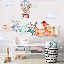 TOARTi Woodland Funny Animals Wall Stickers for Nursery Wall,Airplane Flying in The Sky Yellow Stars Wall Decals,Elephant Panda Giraffe Rabbit Crocodile Wall Art Stickers for Baby Kids Bedroom Decor