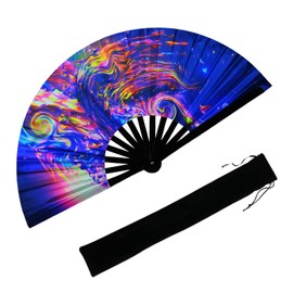 YKuzLx 13‘’ UV Glow Large Rave Fan for Men Women, Rave Essentials, Decorative Folding Hand Fan for Party, Home Decoration, Gift, Music Festival Essential, EDM Rave Accessories (Waves)