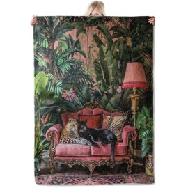 ICAAV Exotic Jungle Blanket 50×60 Inch,Leopard and Black Panther Flannel Throw with Luxurious Tropical Plant and Wild Cats on Pink Sofa,Stunning Safari Home Living Room Decor,Gifts for Adults