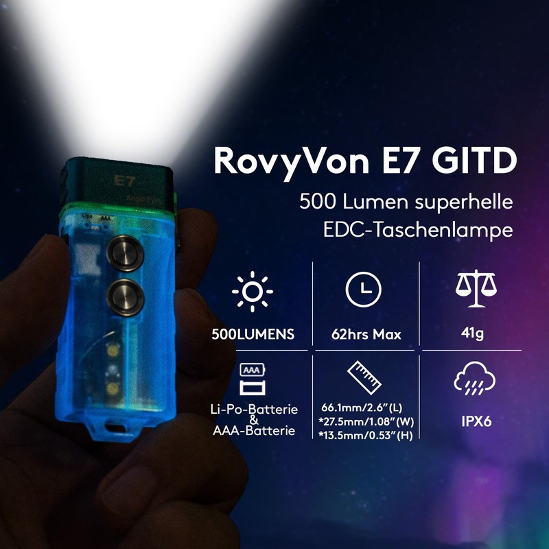 RovyVon E7U Keychain Flashlight, Glow in the Dark Dual Power