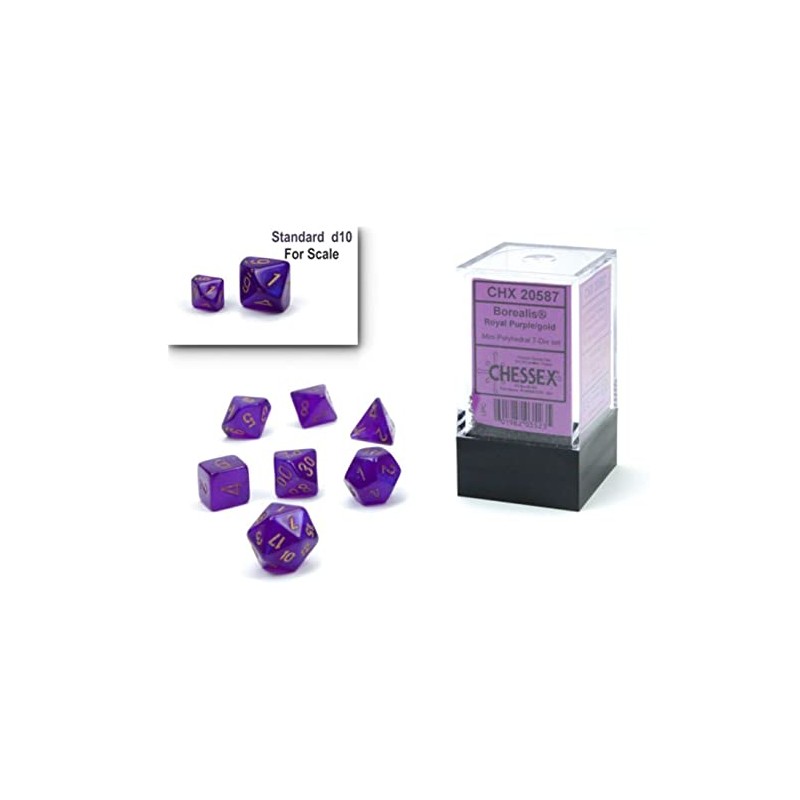 Chessex Dice Set – 10mm Borealis Purple/Gold Luminary Polyhedral Dice