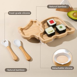 Bamboo Baby Plate Set with Suction - Dinosaur Divided Toddler Dishes with Matching Fork & Spoon | Natural Wood Stay-Put Feeding Set for Infants & Kids (Bean Green)