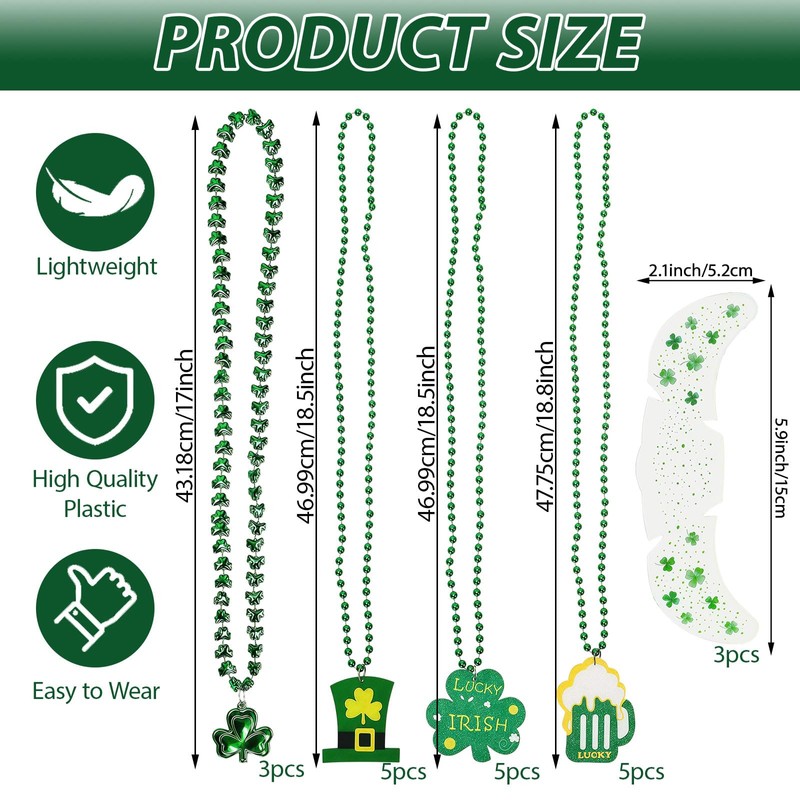 18PCS St. Patrick's Day Necklaces and 3PCS Freckles Temporary Glitter