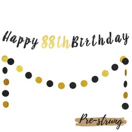 LASKYER 88th Birthday Decoration Set - Happy 88th Birthday Banner with Black & Gold Glitter Circle Dots Cheers to 88 Years Old Birthday Party Decorations.[Pre - Strung]