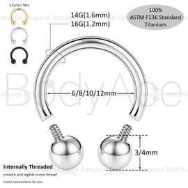 BodyAce F136 Titanium Septum Hoops Cartilage Earring, Internally Threaded Helix Piercing Conch Jewelry, 14g Horseshoe Nose Rings 16g Lip Barbells [1.6mm=14G;H:12mm;Ball:3mm]