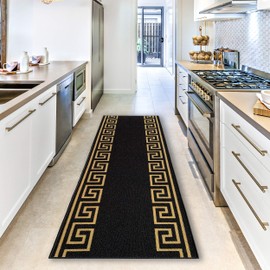 CreativeDeco Custom Made Runner Rug Low Pile with Rubber Backing for Kitchen Foyer Hallway Entry Choose Your Length Size 31 Inch Wide Greek Key Meander Design Black Gold Color (6 feet x 31 Inch)