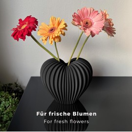 KOMODEKO Verona Heart Vase Black - Flower Vase for Fresh & Dried Flowers - Decorative Vase with Removable Water Insert - Modern Designer Home Decor