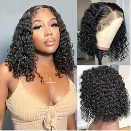 Real Hair Wig Deep Wave Bob Human Hair Wig Short Bob Lace Front Wig Human Hair Brazilian Real Hair Wig Women's Real Hair Natural Colour 14 Inches