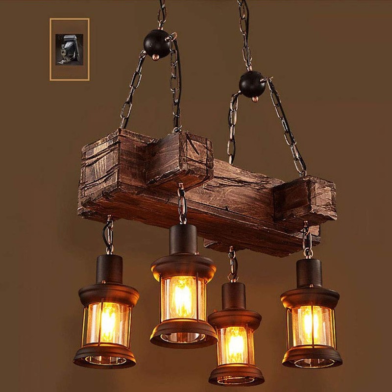 Farmhouse Lighting Industrial Rustic Wood Linear Island Pendant Light Chandelier
