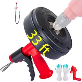 Drain Snake Hair Drain Clog Remover,SEVVETROOL Plumbing Drain Auger Snake Drill Attachment Toilet Snake Auger for Bathroom Kitchen Tub Shower Drain Clog Remover with Gloves(33ft/10M)