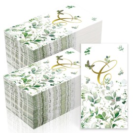 200 Pcs Greenery Guest Napkins Disposable Gold Foil Letter C Hand Towels Bathroom Monogrammed Wedding Napkins Watercolor Eucalyptus Decorative Napkin for Wedding Baby Shower