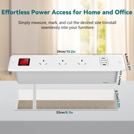 Furniture Mount Recessed Power Strip with USB C and USB-A, 3 AC Outlets, Power Cord Recessed Outlet 1.8M Extension, Flush Mount Extension Cord Overload Protection for Home Office Desk or Counter