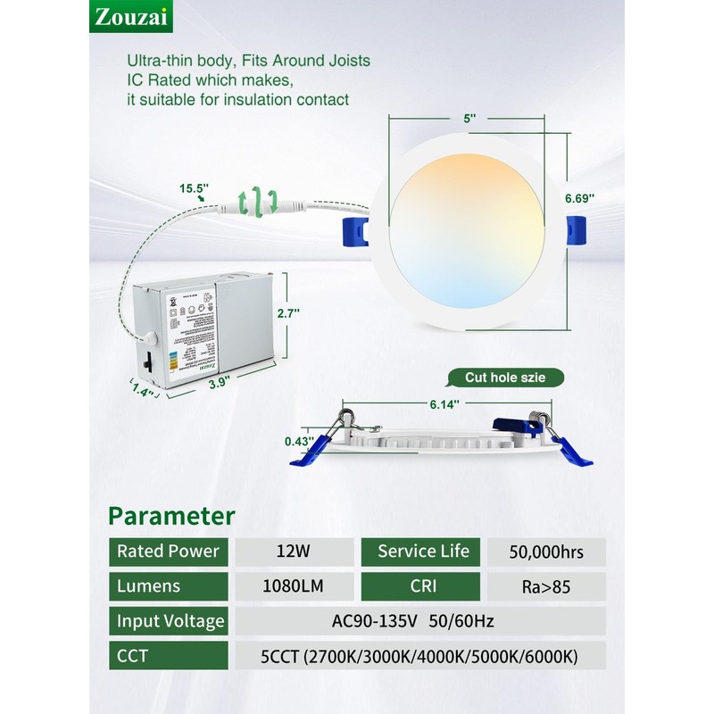 zouzai 12 Pack 6 Inch 6000k/5000k/4000k/3000k/2700k 5CCT Selectable Ultra-Thin LED