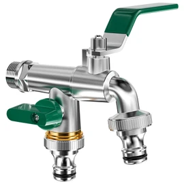 Mesybveo Double Garden Tap Brass Rust with 1/2 Inch Inlet and 3/4 Inch Outlet, Double Tap with Double Connection and Hose Nozzle, Frost-Proof, Outlet Tap for Outdoor Garden