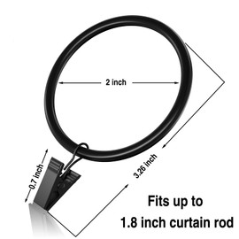 Lansian 20Pack Curtain Rings with Clips, Drapery Clips for Curtain, Drapery Rings with Clips for Hanging Drapery Drapes Bows, 2 inch Interior Diameter, Fits up to 1.8in Curtain Rod, Vintage Black