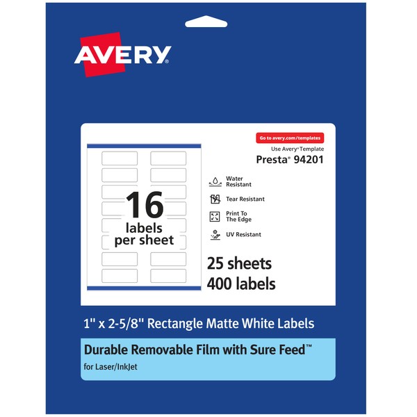 Avery Durable Removable Rectangle Labels with Sure Feed Technology, 1"