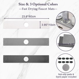 WIFORH Stone Faucet Mat for Kitchen Sink, 60cm Long Diatomite Fast Drying Solid Sink Tray, Diatomite Absorbent Mat, Tap Splash Guard for Bathroom Kitchen, 24 x 4 in(Light Grey)