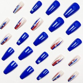 24Pcs 4th of July Press on Nails Medium Square Fake Nails with Patriotic Designs Glue on Nails Independence Day Acrylic Nails Full Cover Blue False Nails Star Stick on Nails for Women Nail Supplies