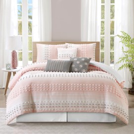 Stratford Park Pink Striped Dots Comforter Set Queen Size, 7 Piece, Jaquard & Clip Pillow Sham, Bedskirt, Decorative Pillow, All Season Bedding Set