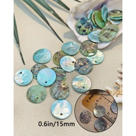 Natural Flat Shell Beads 50pcs, 15mm Round Coin Charms for Jewelry Making Home Decoration Sewing Clothing DIY Decor (Opal Blue)