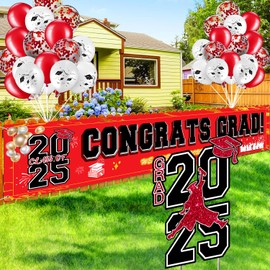 Graduation Yard Signs Class of 2025, Plastic Grad Yard Signs Party Outdoor Lawn Decorations Glitter Congrats Grad Yard Sign with Graduation Banner Balloons for Outdoor, Lawn Party Decor