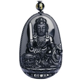 Buddha Pendant Necklace Bodhisattva Amulet/Talisman Made of Obsidian Gemstone, Bella Jade