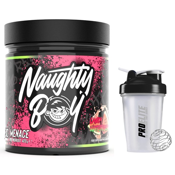 Naughty Boy NaughtyBoy Pre Workout Menace 30 Servings PreWorkout - Energy / Pump / Focus / Performance + PROELITE Shaker (Candy Watermelon)
