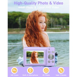 AiTechny Digital Camera, FHD 1080P Kids Camera, 44MP Point and Shoot Cameras for Pictures with 32GB Card, 16X Zoom, Lanyard, Portable Travel Mini Camera for Kids Teens Beginner(Purple)