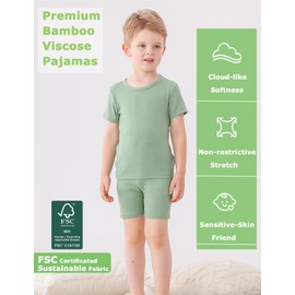 JunNeng Baby Toddler Rayon from Bamboo Pajamas Sets,Kid Boy Girl Solid Snug Fit Short Sleeve Summer Sleepwear,Green+Grey 12-24 Months