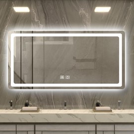 47"x 24"LED Bathroom Mirror with 3 Color Lights, Smart Lighted Vanity Mirrors with Defog Function, Dimmable Wall Mirrors for Wall, Tempered Glass, Shatter Proof, Matte White