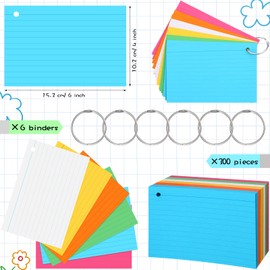 300 Pcs Colored Ruled Index Cards with 6 Rings 180 GSM Thick Neon Color Study Flash Cards Single Hole Punched Lined Flashcards Studying Notecards One Side for School Supplies(4 x 6 in,Fresh Color)