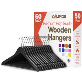 Black Wooden Hangers 50 Pack – Heavy-Duty with 360° Swivel Hook, Non-Slip, Pants Bar & Shoulder Grooves - Wooden Hangers for Suits, Jackets, Dresses & Camisoles, Space-Saving and Smooth Finish