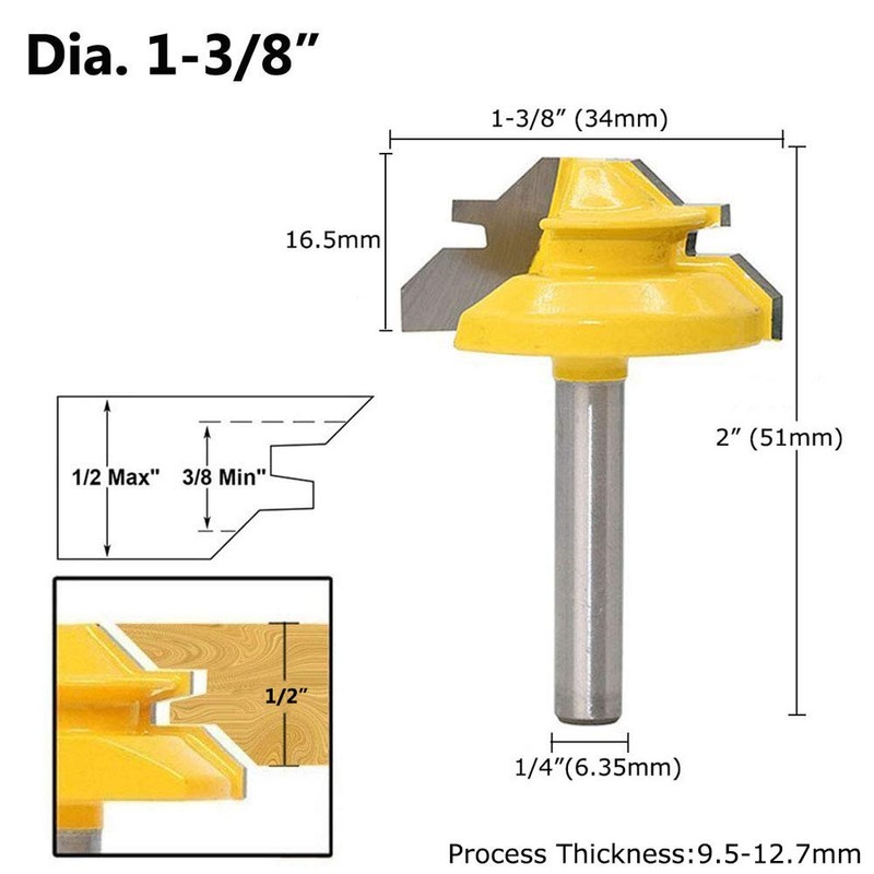 Gasea 3pcs 1/4-Inch Shank 45 Degree Lock Miter Router Bits