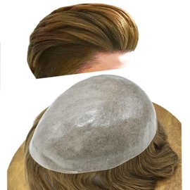 RESHE Mens Toupee Full Poly 100% Human Hair Replacement System For Men 0.10mm PU Hairpiece For Men Toupee For Men Hair System8x10 Medium light density #17R BROWN/BLONDE MIX WARM TONE