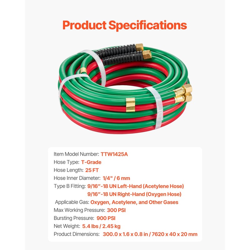 VEVOR Oxygen Acetylene Hose, 1/4-Inch x 25FT Oxy Acetylene Hose