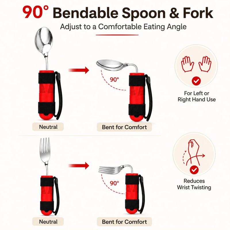Bendable Adaptive Utensils 3-Piece Set, Parkinsons Fork Spoon Rocker Knife,