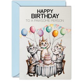 Pawsome Person Birthday Card - Pawsome Party Cats Balloons - Happy Birthday Card for Pawsome Person from Colleague Friends, A5 Male Female Cat Bday Greeting Cards