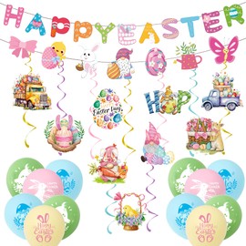Easter Decorations Indoor Happy Easter Banner Garland Easter Bunting Balloons for Home Decoration Easter Ceiling Hanging Swirl for Home Office School Classroom Easter Party Decorations Supplie