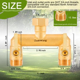 Heavy Duty Brass Garden Hose Splitter 2 Way - Upgrade Full Flow Hose Bib Adapter with Water Shut Off Valves and Long Metal Handles, Rust and Frost Resistant Outdoor Faucet Diverter
