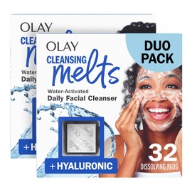 Olay Cleansing Melts + Hyaluronic – Limpiador Facial Activado por Agua con Ácido Hialurónico, 64 Pads (2 x 32 ct) | Limpia, Tonifica y Refresca la Piel, Sin Fragancia