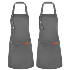 ViEinkaufen 2 Pack Kitchen Apron for Women - Adjustable Cooking Apron with Pockets, Unisex Canvas Waterproof Apron Chef Bakers Apron for Home Kitchen, Restaurant(Grey)