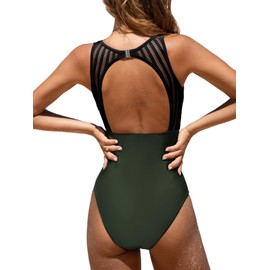 CUPSHE Women's One Piece Swimsuit Bathing Suit Tummy Control High Neck Cutout Back Hook Mesh Swimwear, L Dark Green
