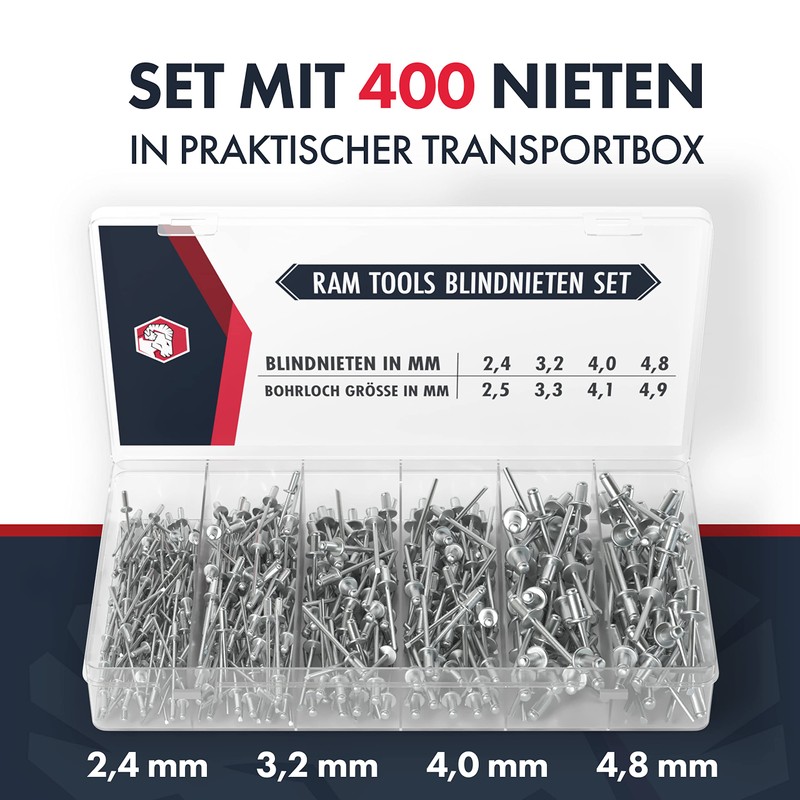 RAM TOOLS® Blind Rivets Set, 400 Piece Rivet Set, Universal