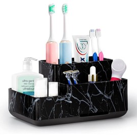 Toothbrush Holder,Bathroom Organizer Countertop, 5 Compartments Multifunctional Storage for Cosmetic, Makeup, Office Stationery Pencil,Toothpaste, Toothbrush,Ideal Gift for Home, Office - Color: White Marble